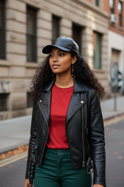 Woman wearing a black leather jacket, red shirt, and green pants standing on a street.