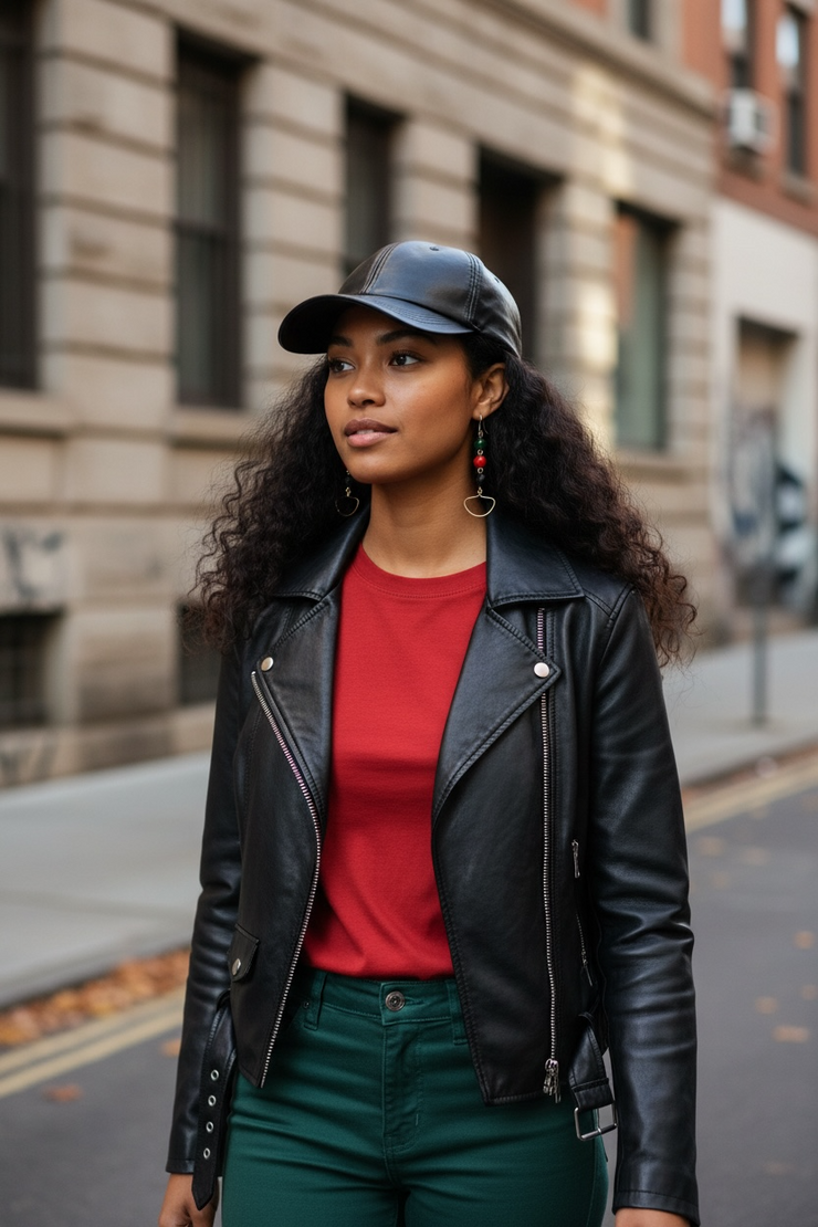 Woman wearing a black leather jacket, red shirt, and green pants standing on a street.