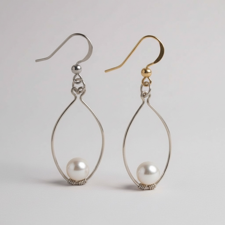 Two pairs of earrings, one silver and one gold, with teardrop-shaped wire frames and pearl beads on a light gray background.