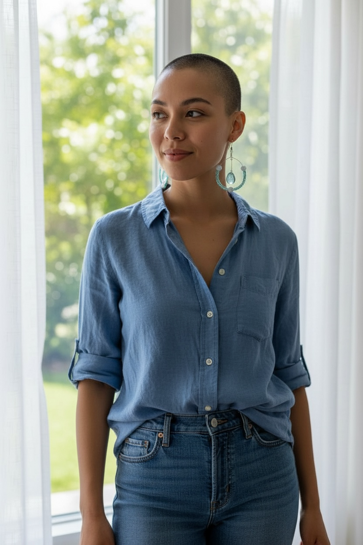 Woman wearing blue hoop earrings made with beads and recycled glass.