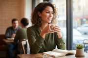 Woman sitting at a cafe, holding a mug and reading a book with My Eyes are Green Hoop earrings.