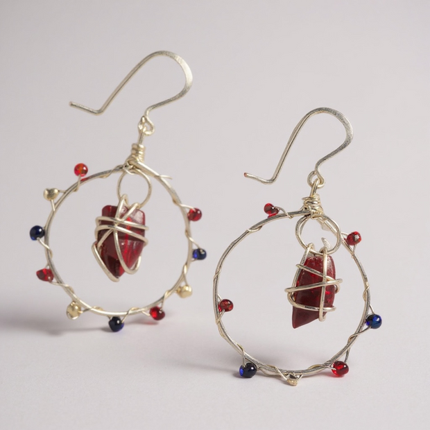 Hoop earrings red white and blue with red glass centerpiece