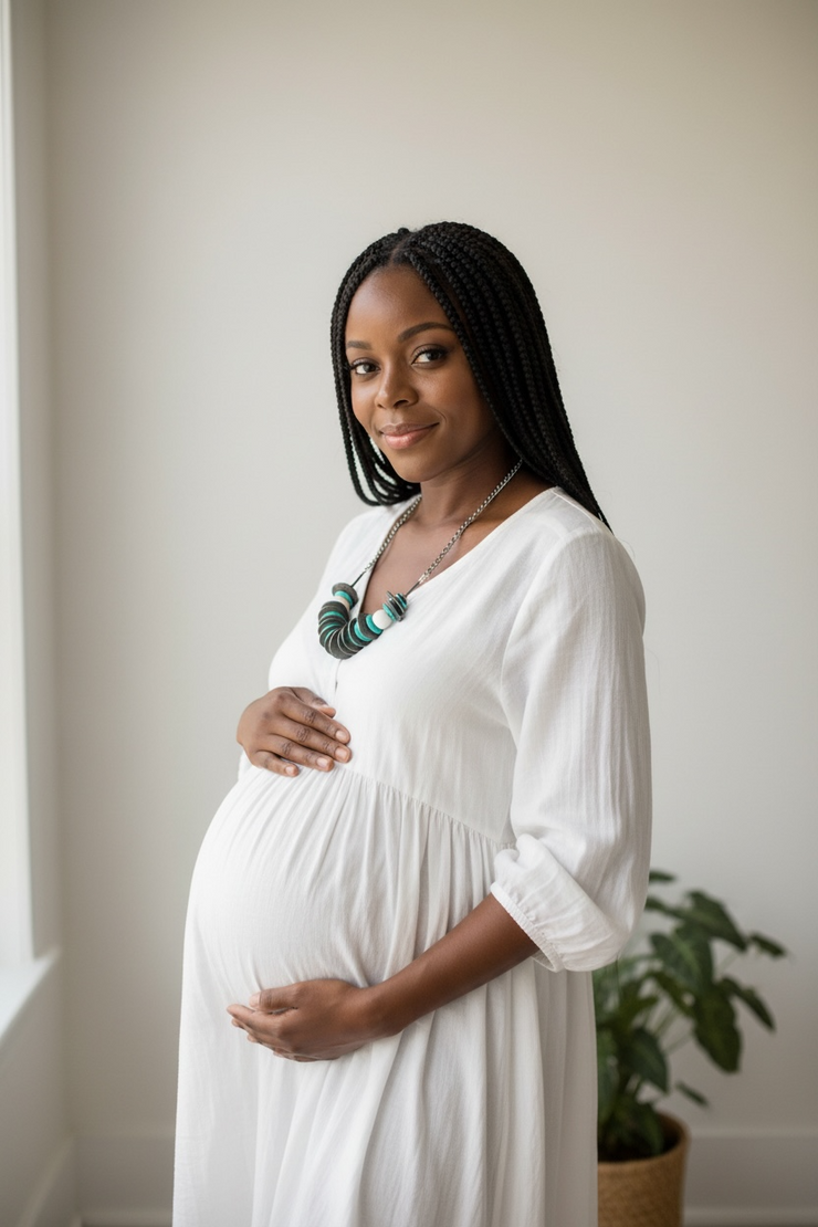 pregnant female with turquoise black and white necklace