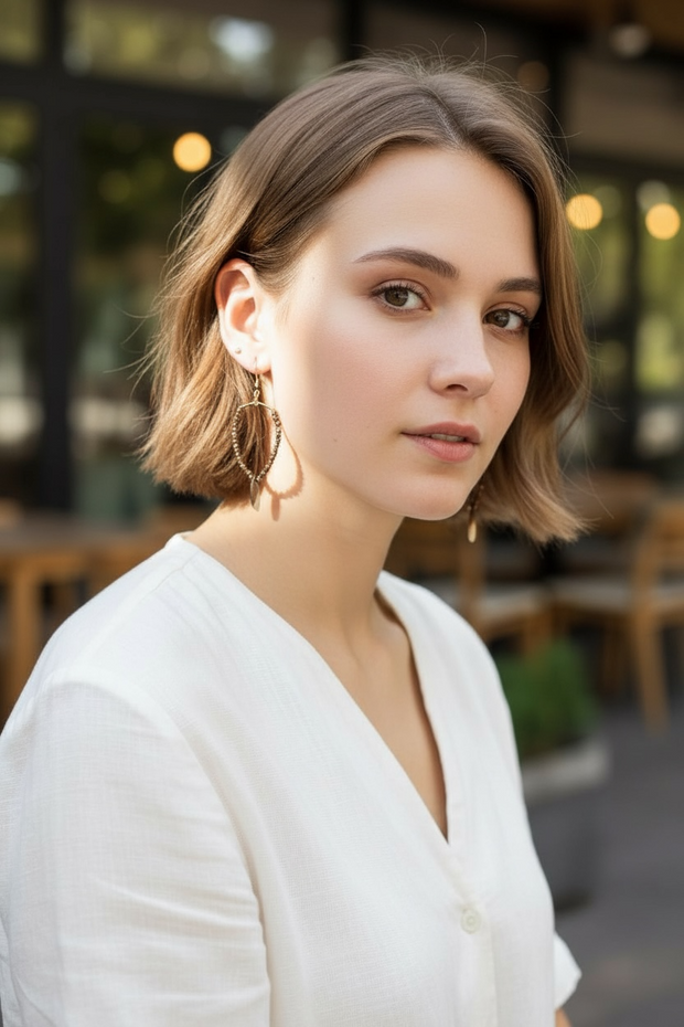 Woman with short hair wearing a white top in an outdoor setting