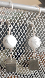 Pyrite and marbleized grey beaded dangle earrings