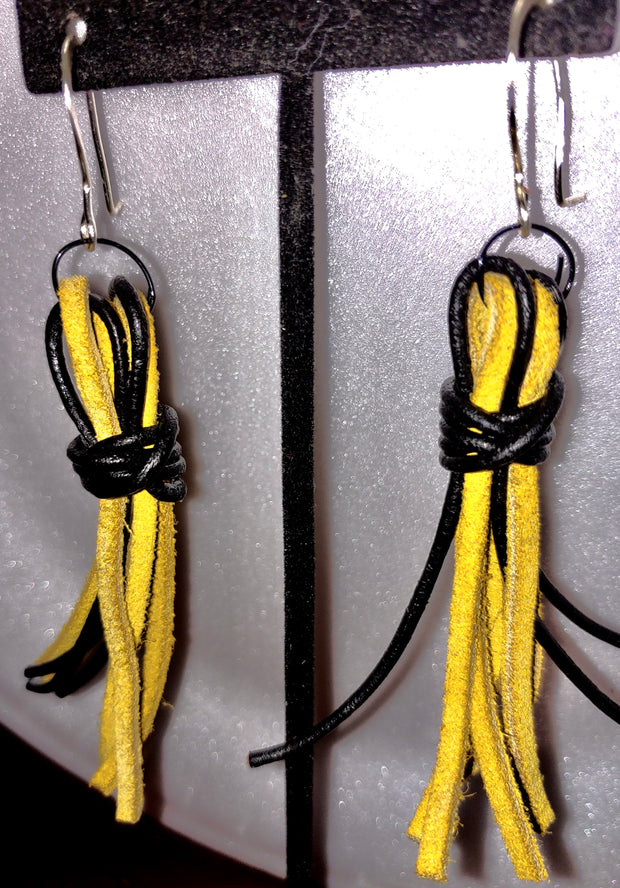 Yellow Suede and Black Leather Tasseled Earrings