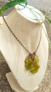 Recycled green glass wire wrapped with antique copper necklace.