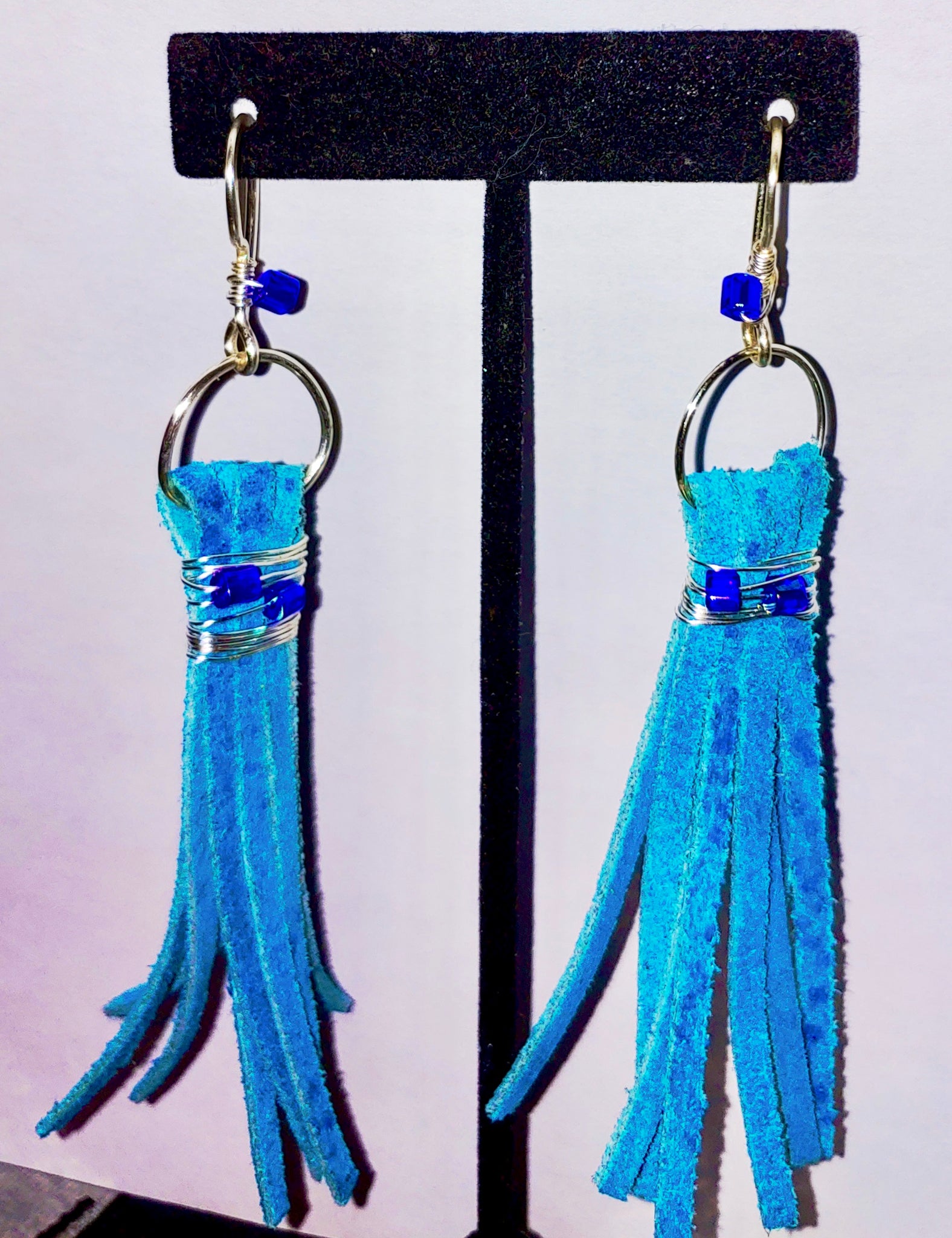 Turquoise Suede and Beaded Tassel Earrings