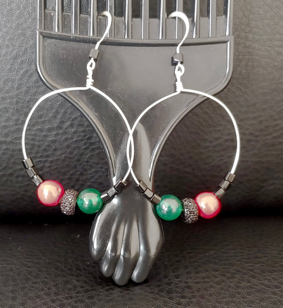 Angela Davis Hoop earrings silver tone with red, black, and green beads 