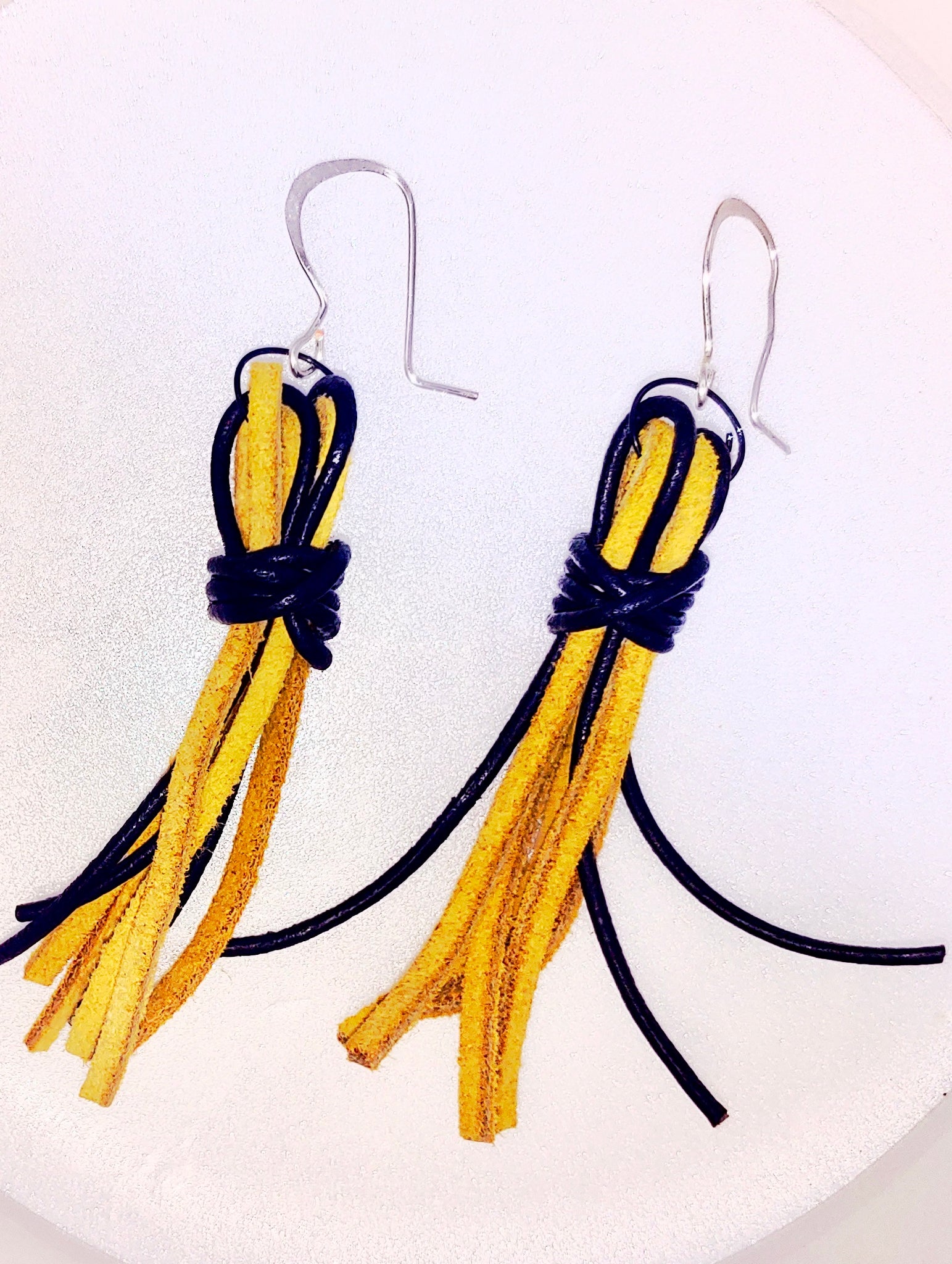 Yellow Suede and Black Leather Tasseled Earrings