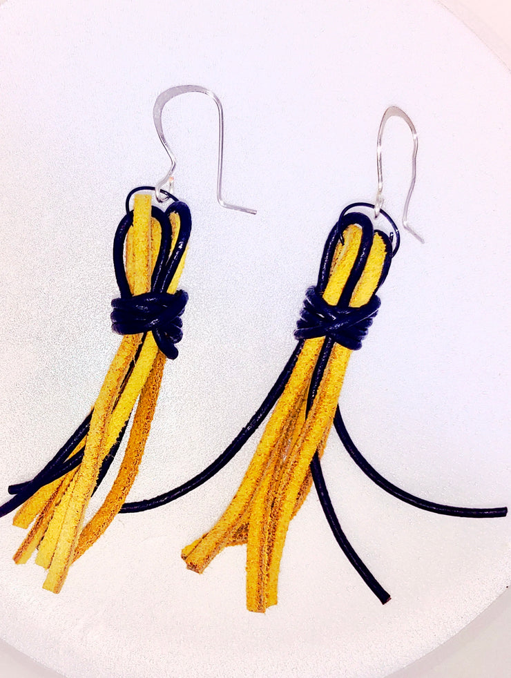 Yellow Suede and Black Leather Tasseled Earrings