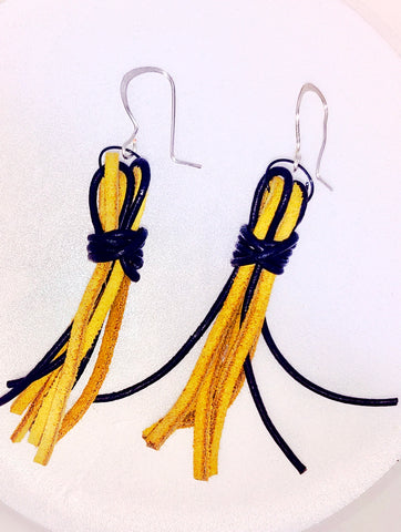 Yellow Suede and Black Leather Tasseled Earrings