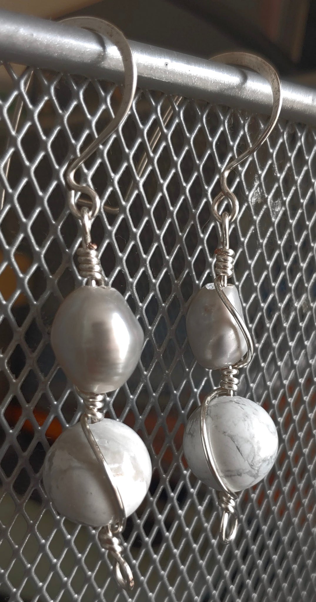 Grey pearl and marbleized beads with wire wrapping dangle earrings